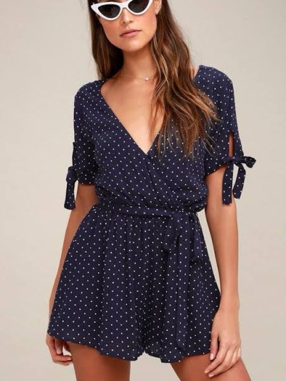Lulu's Navy Blue Polka Dot Wrap romper